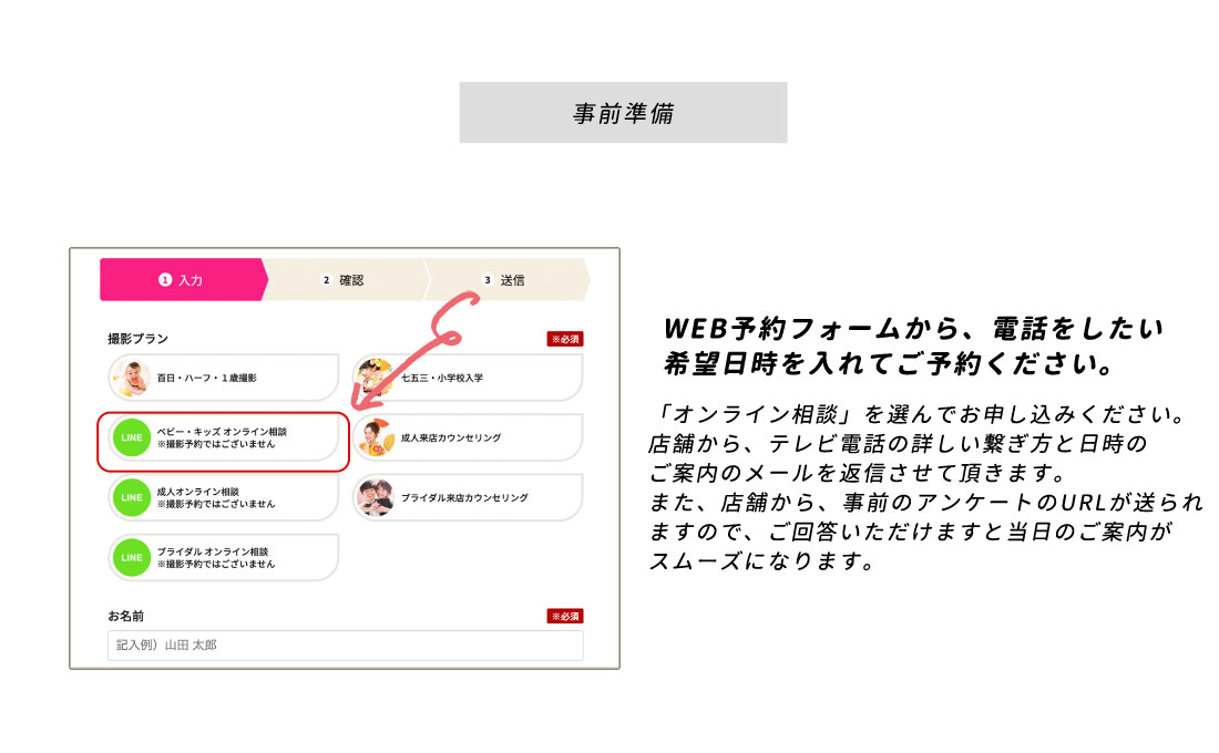 【事前準備】WEB予約フォームから、電話をしたい希望日時を入れてご予約ください。「WEBカウンセリング」を選んでお申し込みください。店舗から、テレビ電話の詳しい繋ぎ方と日時のご案内のメールを返信させて頂きます。また、店舗から、事前のアンケートのURLが送られますので、ご回答いただけますと当日のご案内がスムーズになります。